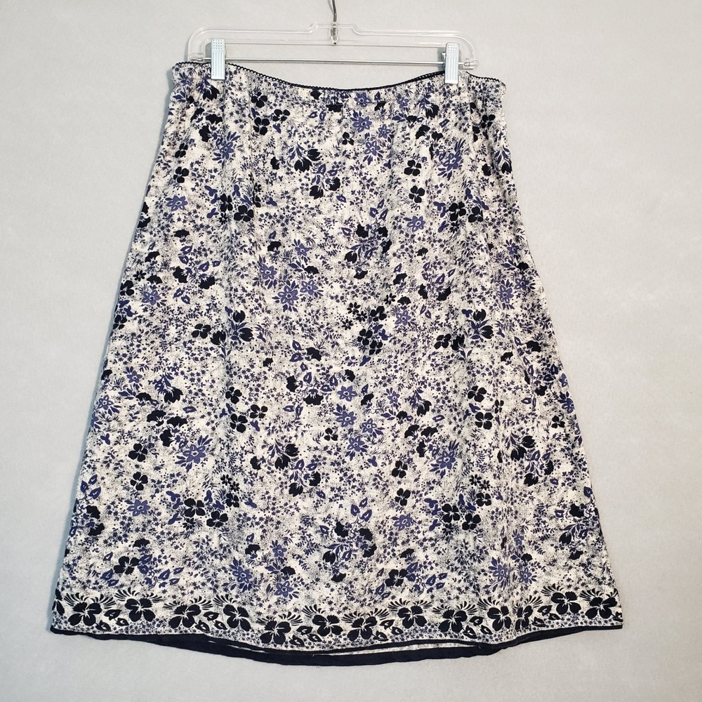 Christopher & Banks Large Midi Skirt Blue Floral Linen Blend Elastic Cottagecore
